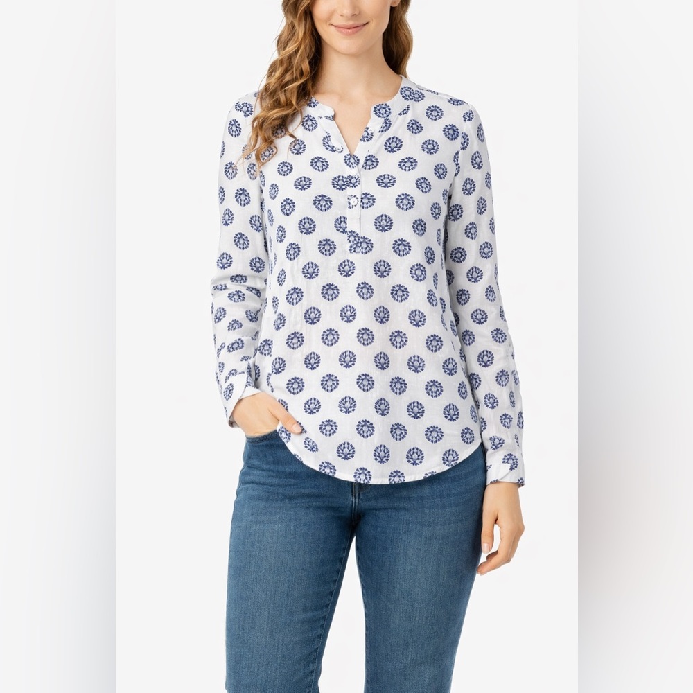 Talbots Linen Shirt Medium Petite White Blue Floral Roll Tab Top